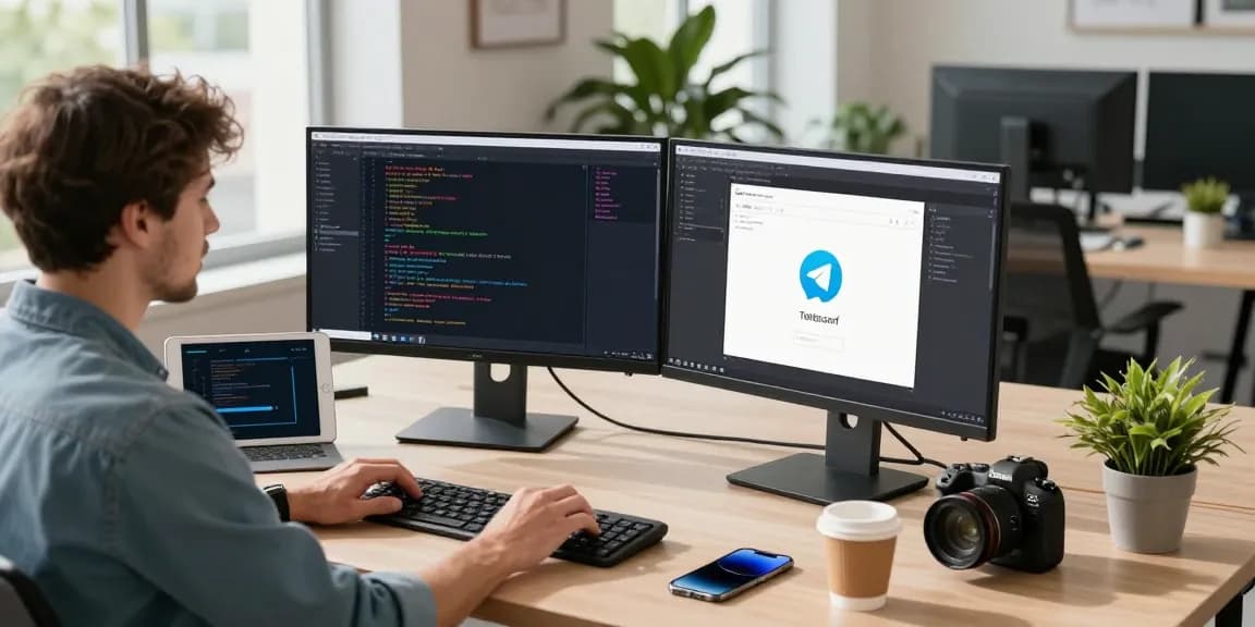 Download Telegram on dual monitors in a modern tech workspace