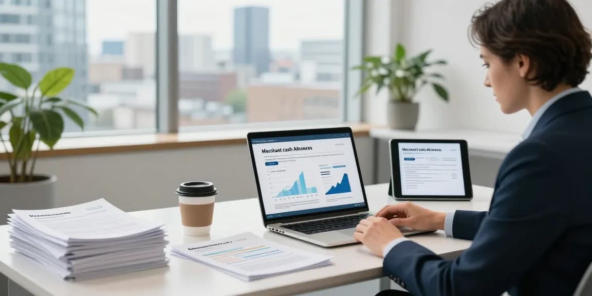 Consultation for merchant cash advance London with financial advisor at modern office desk.