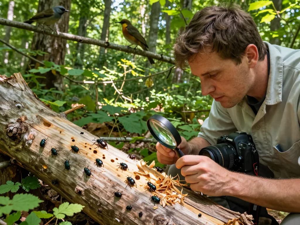 Coleotteri del legno, entomologo che studia coleotteri del legno in una foresta, con segni visibili di infestazione su un tronco di legno.