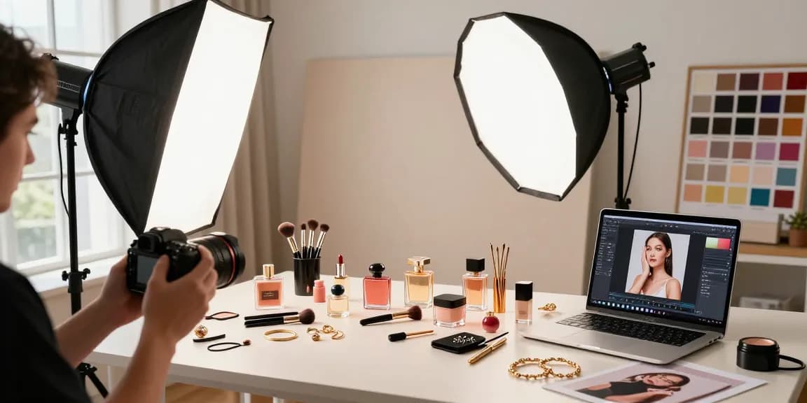 Scena affascinante di fotografia prodotti milano, che mostra un meticoloso allestimento dei prodotti in uno studio fotografico professionale.