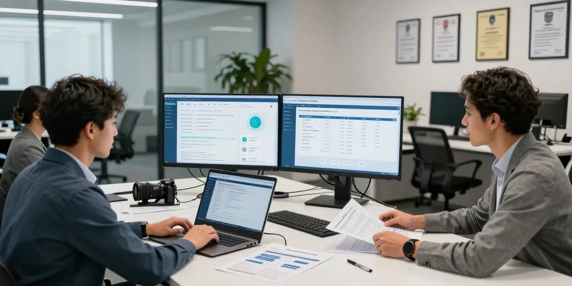 Cyber Essentials Plus certification team collaborating in a modern office, analyzing security compliance data and technical controls.