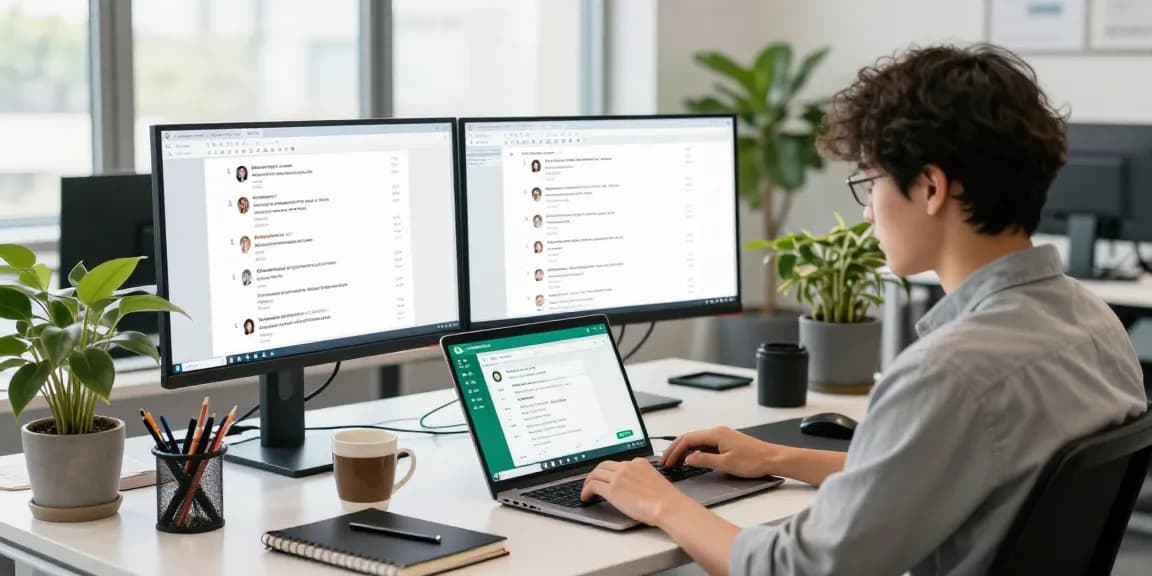 Young professional using WhatsApp網頁版 on a laptop in a bright tech workspace.