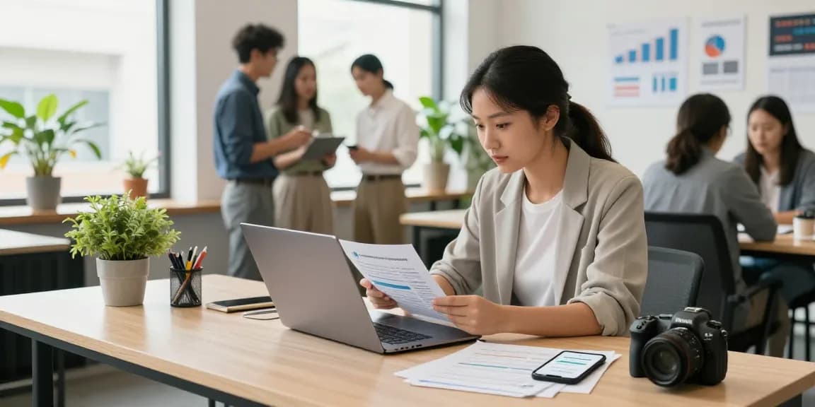 Small business owner reviewing options for an instant merchant cash advance in a stylish office.
